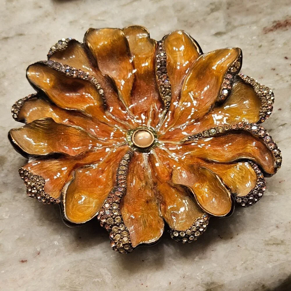 JAY STRONGWATER CHRYSANTHEMUM FLOWER ENAMEL CRYSTAL JEWELRY TRINKET TRAY DISH